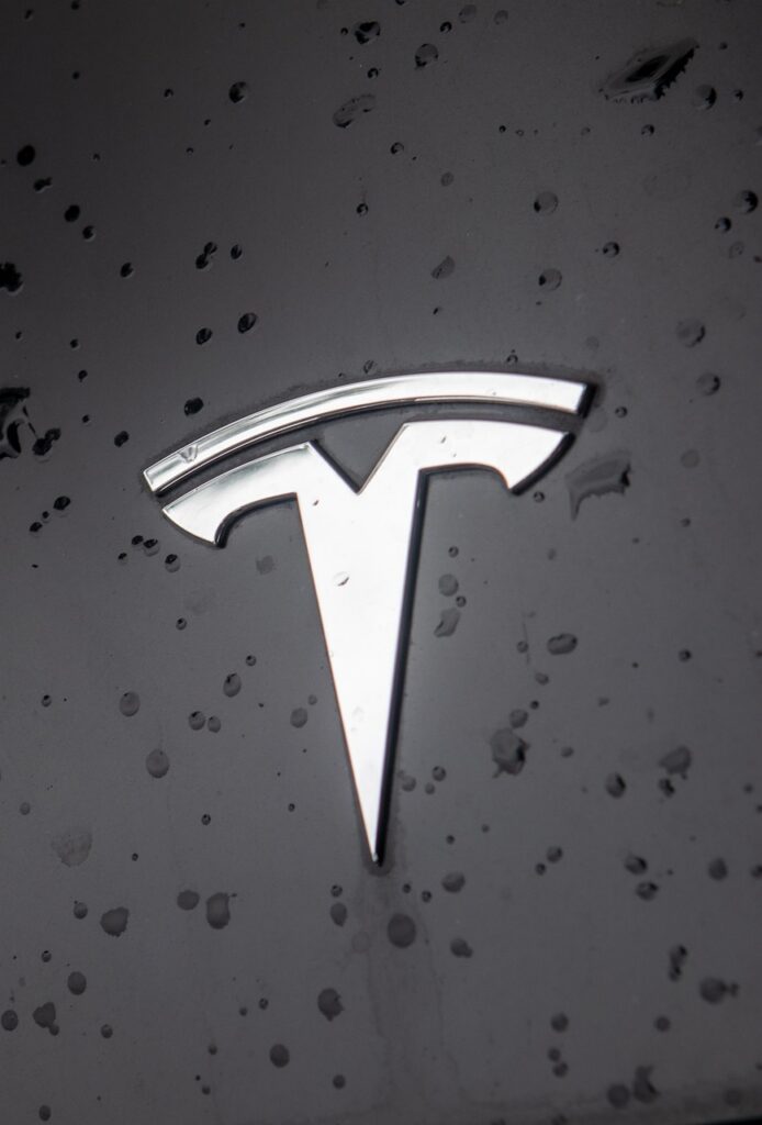 tesla, car, nature, logo, water, drops, car wallpapers, silver, hood, design
